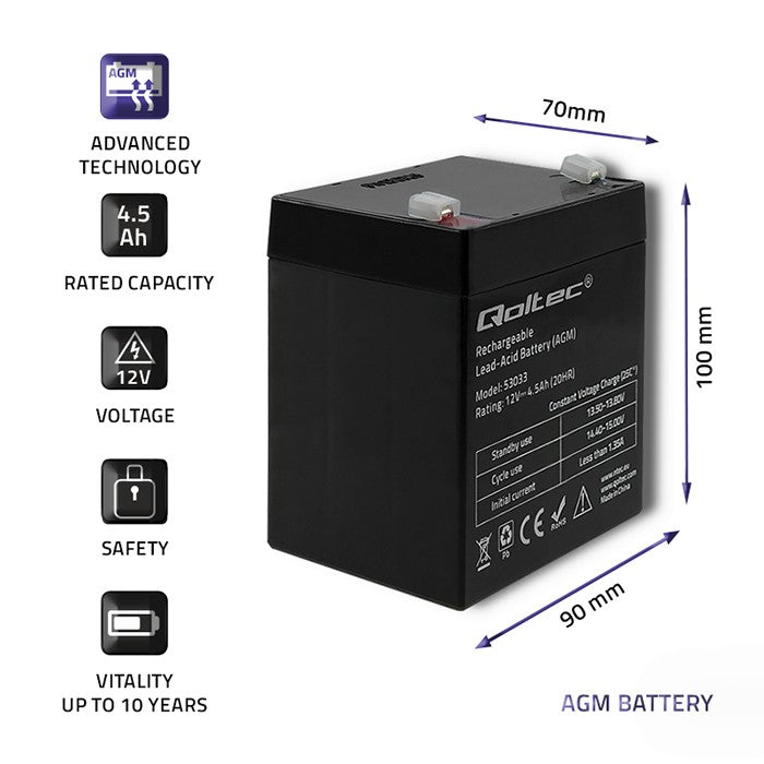 Qoltec AGM battery | 12V | 4.5Ah | Maintenance-free | Efficient| LongLife | for UPS, scale, cash register