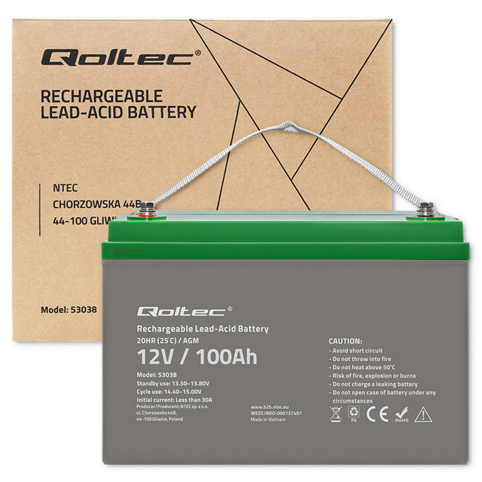 Qoltec AGM battery | 12V | 100Ah | 28.1kg | Maintenance-free | Strong | LongLife | for UPS, RV, boat, heater