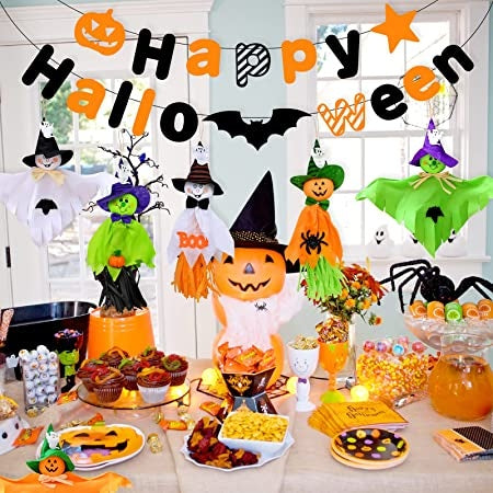 Ecost Qpout Halloween Party Hanging Decorations, Pack of 6 Hanging Ghost Ornament and Happy Hallowee