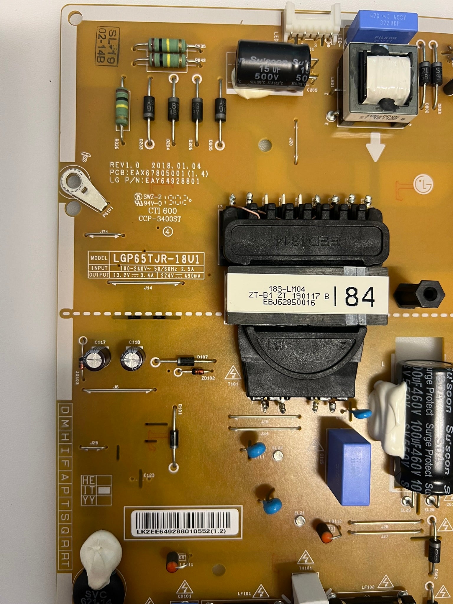 LG 65UK6400PLF Smart TV Power Supply Board - LGP65TJR-18U1 / EAX67805001 (1.4)