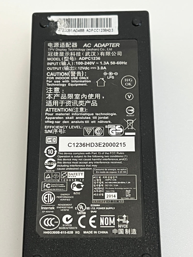 AC Adapter ADPC1236 – 12 V ⎓ 3 A Power Supply (100–240 V AC Input)