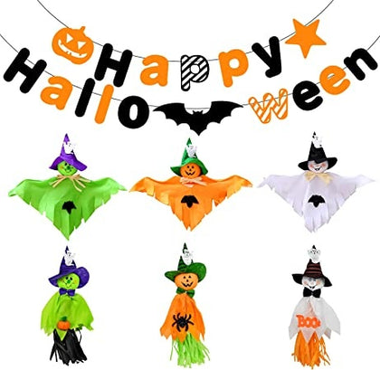 Ecost Qpout Halloween Party Hanging Decorations, Pack of 6 Hanging Ghost Ornament and Happy Hallowee