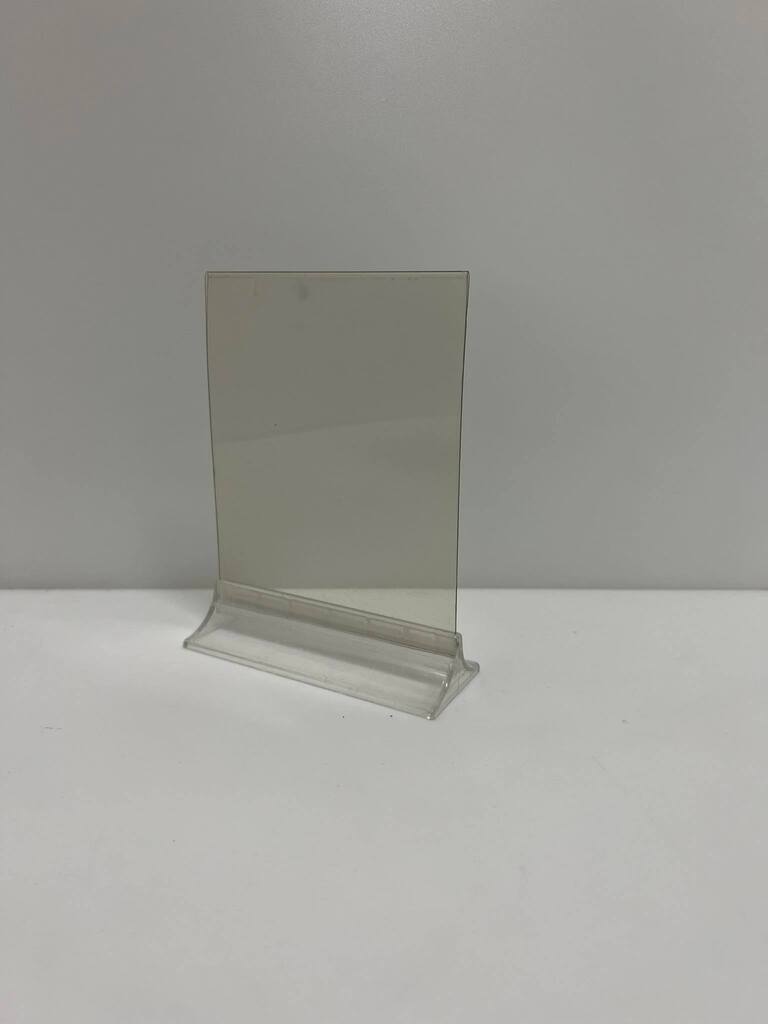 T-shaped plastic promotional display stands with triangular base A6 (15 cm x 12 cm) 