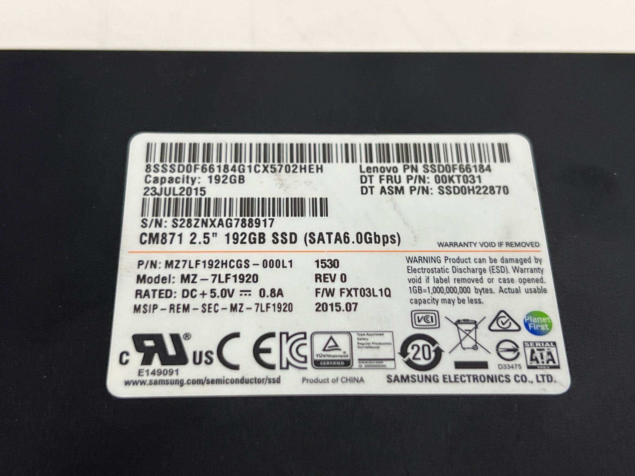 Lenovo S500 – Samsung SSD 192GB SATA 2.5” MZ-7LF1920
