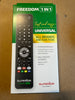 A Universal 1-in-1 remote control box by Superior Electronics, featuring a black remote control with a green and white retail package on a brown cardboard background.