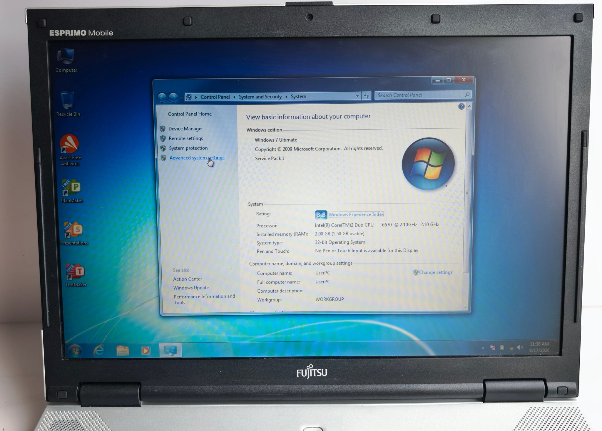 Fujitsu ESPRIMO Mobile Core 2 Duo T6570 2GB RAM 250GB HDD Win 7