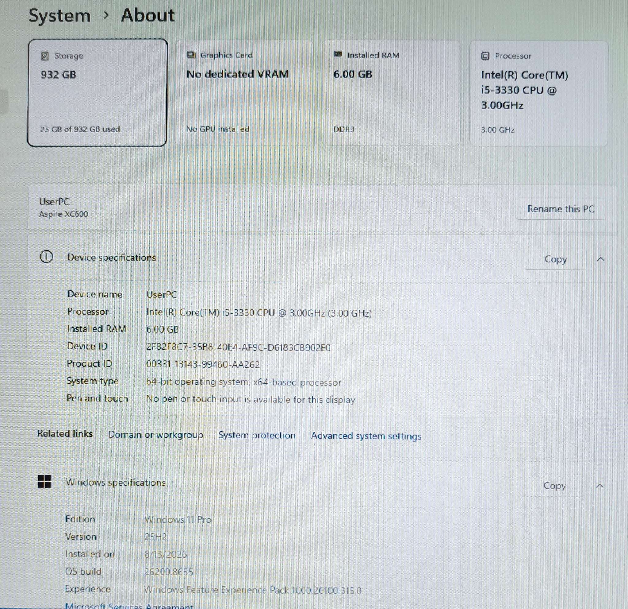 Acer Aspire XC-600 PC i5-3330 6GB RAM 1TB HDD Win 11