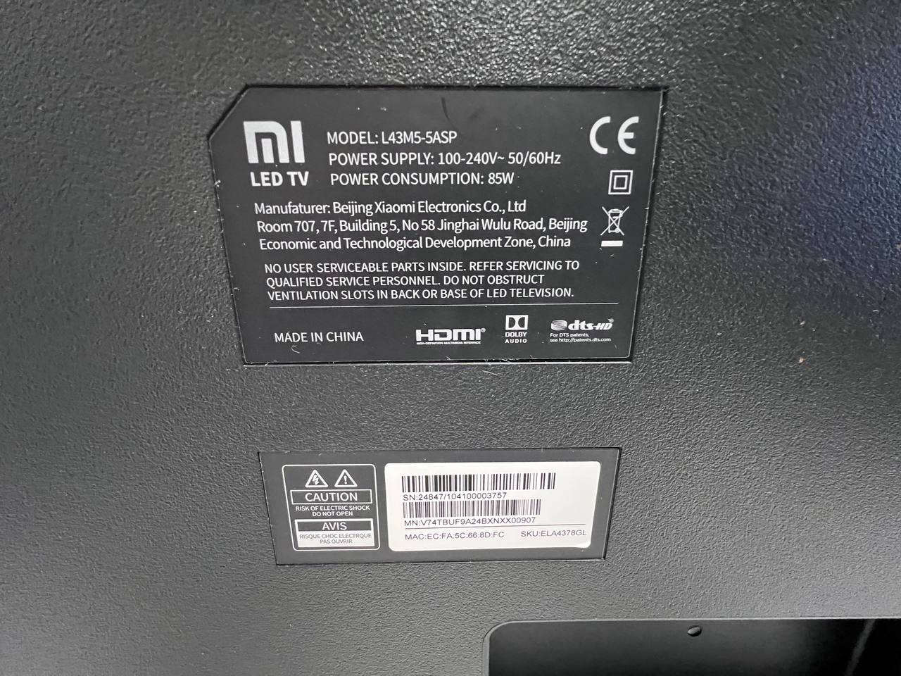 Xiaomi L43M5-5ASP 43″ Full HD LED Smart TV - Dolby Audio(DTS-X), Chromecast & Google Assistant, Android TV OS