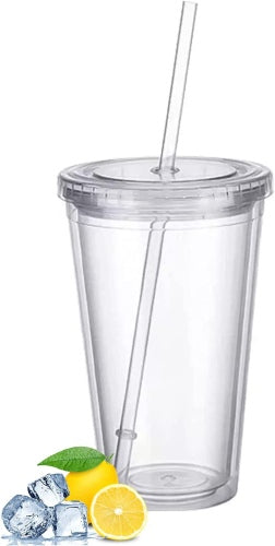 Ecost Customer Return, Reusable Plastic Cups, Double-Walled Transparent Drinking Cup with Straw, Reu