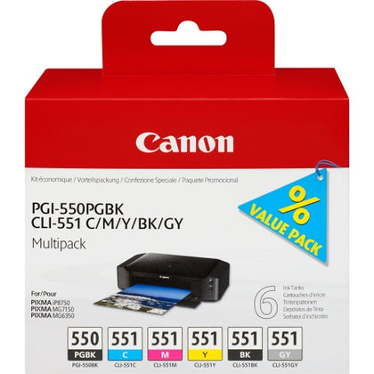 Canon PGI-550/CLI-551 (6496B005) 6 Ink Cartridge Multipack, PGBK/C/M/Y/BK/GY