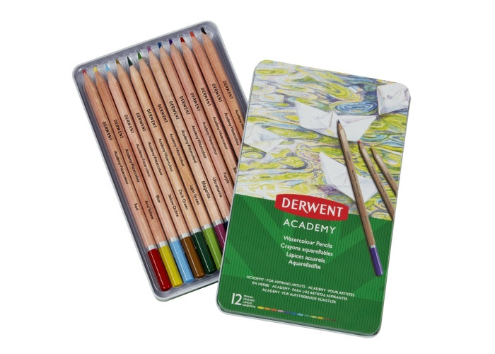 Derwent Academy Watercolour Pencils 12 colours, Tin box