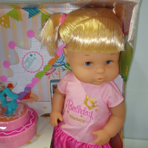 Ecost Customer Return Nenuco Happy Birthday Baby Doll with Birthday Cake, Cute Dress, Birthday Crown