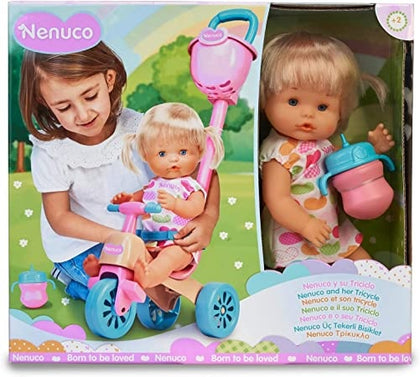 Ecost Customer Return Nenuco and Her Tricycle Baby Doll with Cute Dress, Pink Tricycle with Basket,