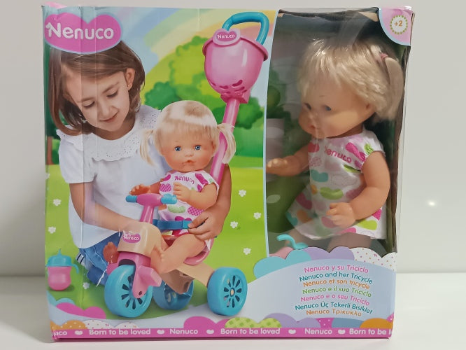 Ecost Customer Return Nenuco and Her Tricycle Baby Doll with Cute Dress, Pink Tricycle with Basket,