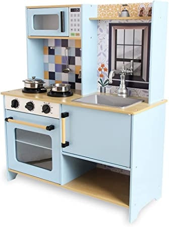 Ecost Customer Return DEQUBE - Wooden kitchen 2 modules modern design - toy kitchen with lights and