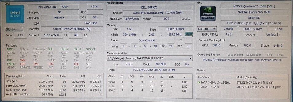 Dell E6500 notebook/15 inches/ Intel Core 2 Duo T7300/ 4GB/320 GB